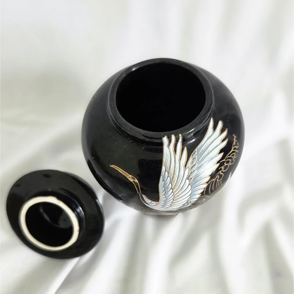 Shibata Japan Black Porcelain Jar White Cranes Gold Accents 5 Inch